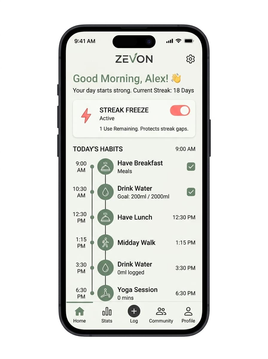 Zevon dashboard overview with daily habits and streak freeze