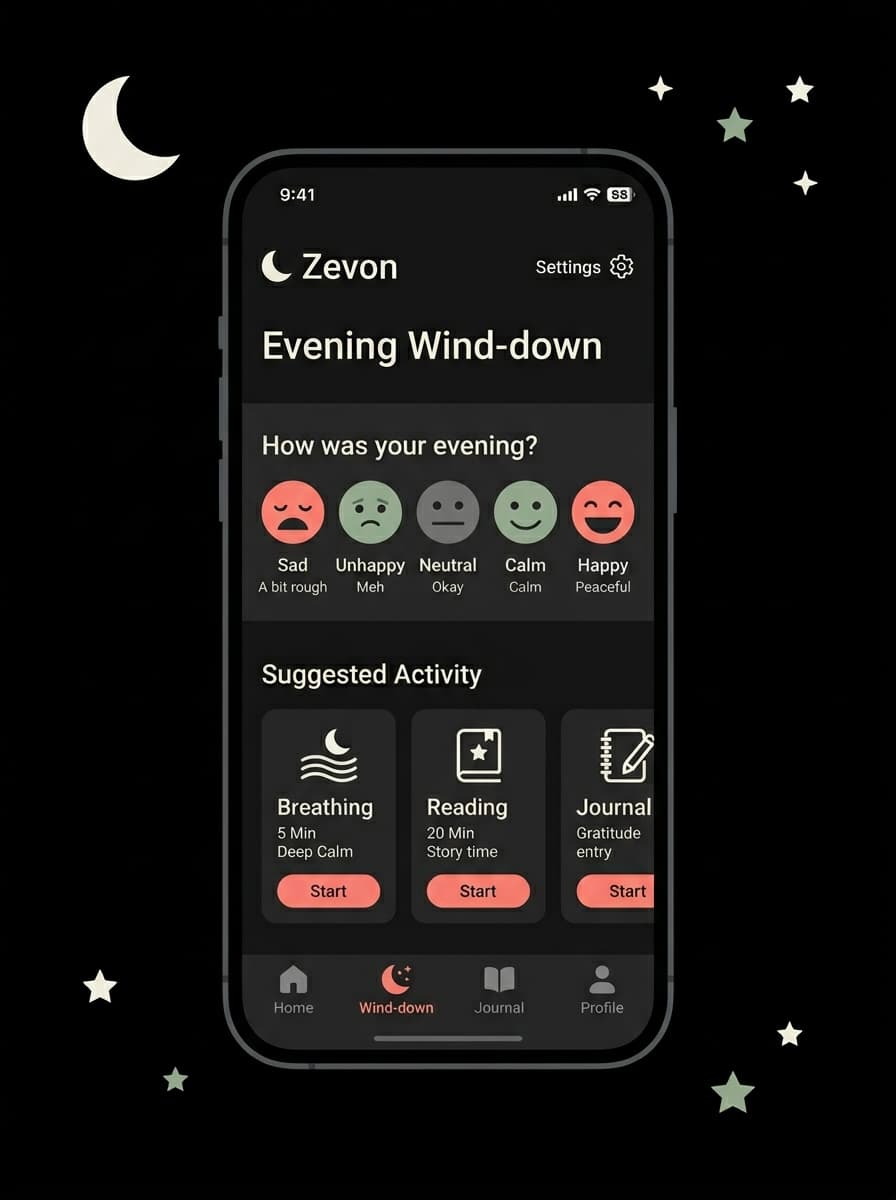 Zevon evening wind-down mood tracking in dark mode