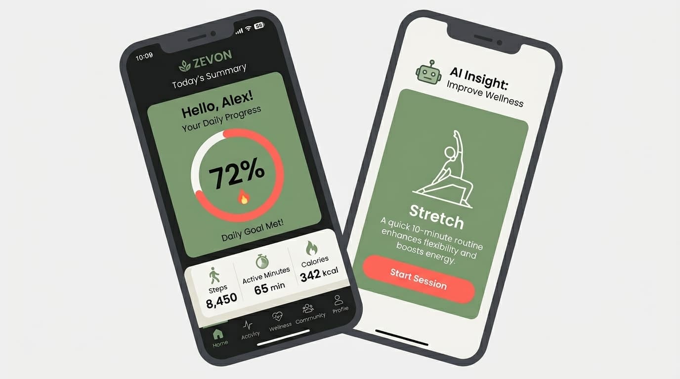 Zevon app on two smartphones showing dark mode summary and light mode AI insight